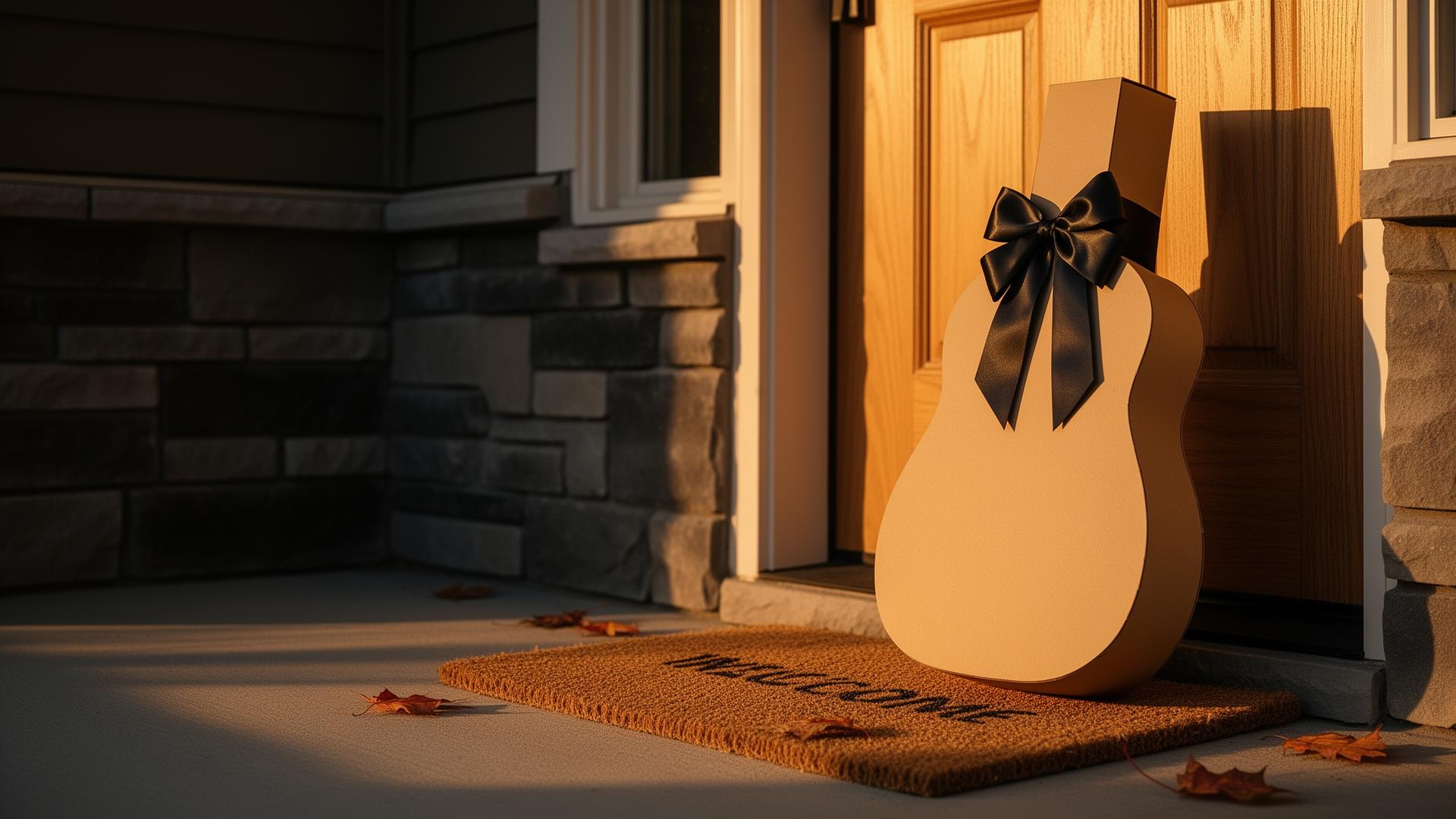 A full-sized, guitar-shaped gift box wrapped in kraft paper with an oversized black satin bow, leaning against a warm wooden front door at golden hour