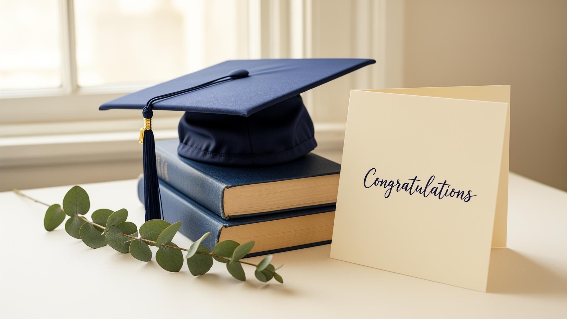 A graduation cap on a stack of books with a handwritten congratulations card